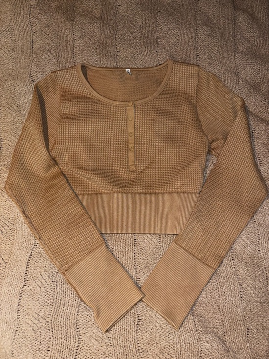 aerie Tops - Aerie Tan Thick Waffle Knit Cropped Henley Long Sleeve Thumbhole Top Size Small